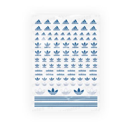 An image of SybilCreates Outlet Clear Transparent Blue Adidas Waterslide Nail Decals.