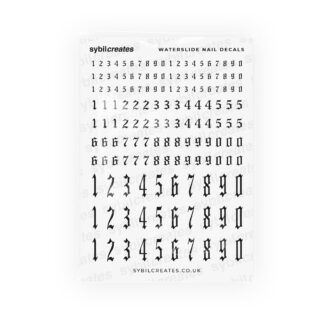Black Old English Numbers Waterslide Nail Decals – Clear Transparent A6 Sheet