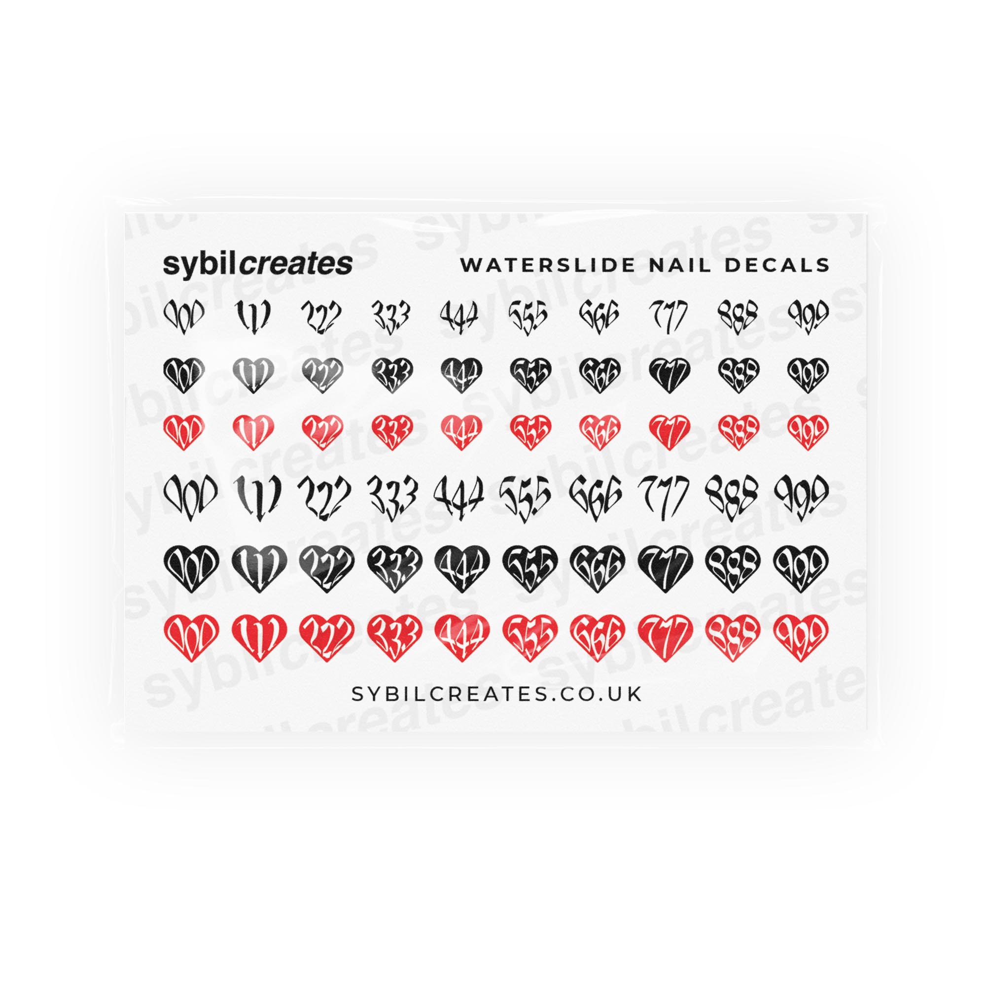 Black and Red Heart Angel Numbers Waterslide Nail Decals – Clear Transparent A7 Sheet