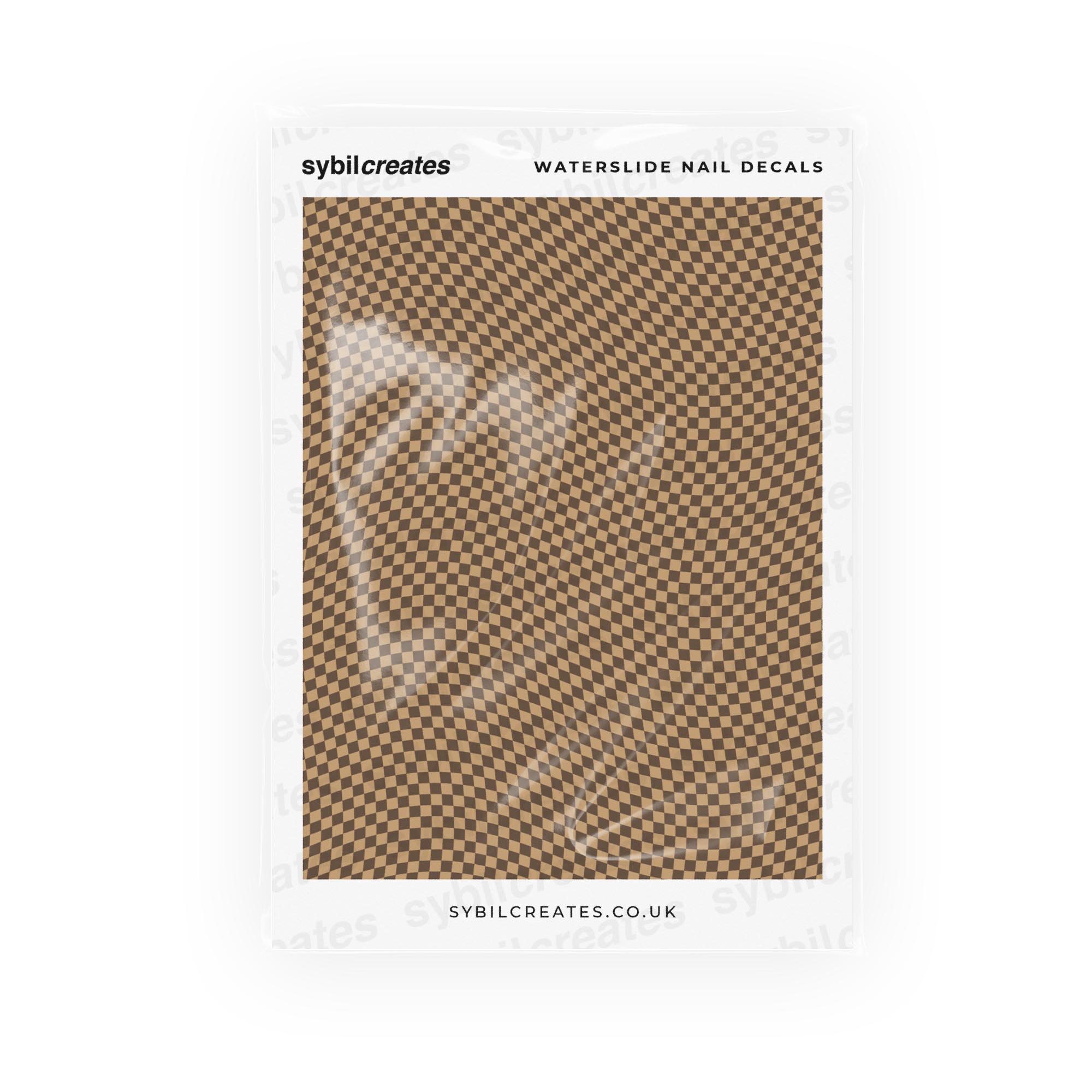 Brown and Tan Trippy Checkerboard Waterslide Nail Decals – Opaque White A6 Sheet