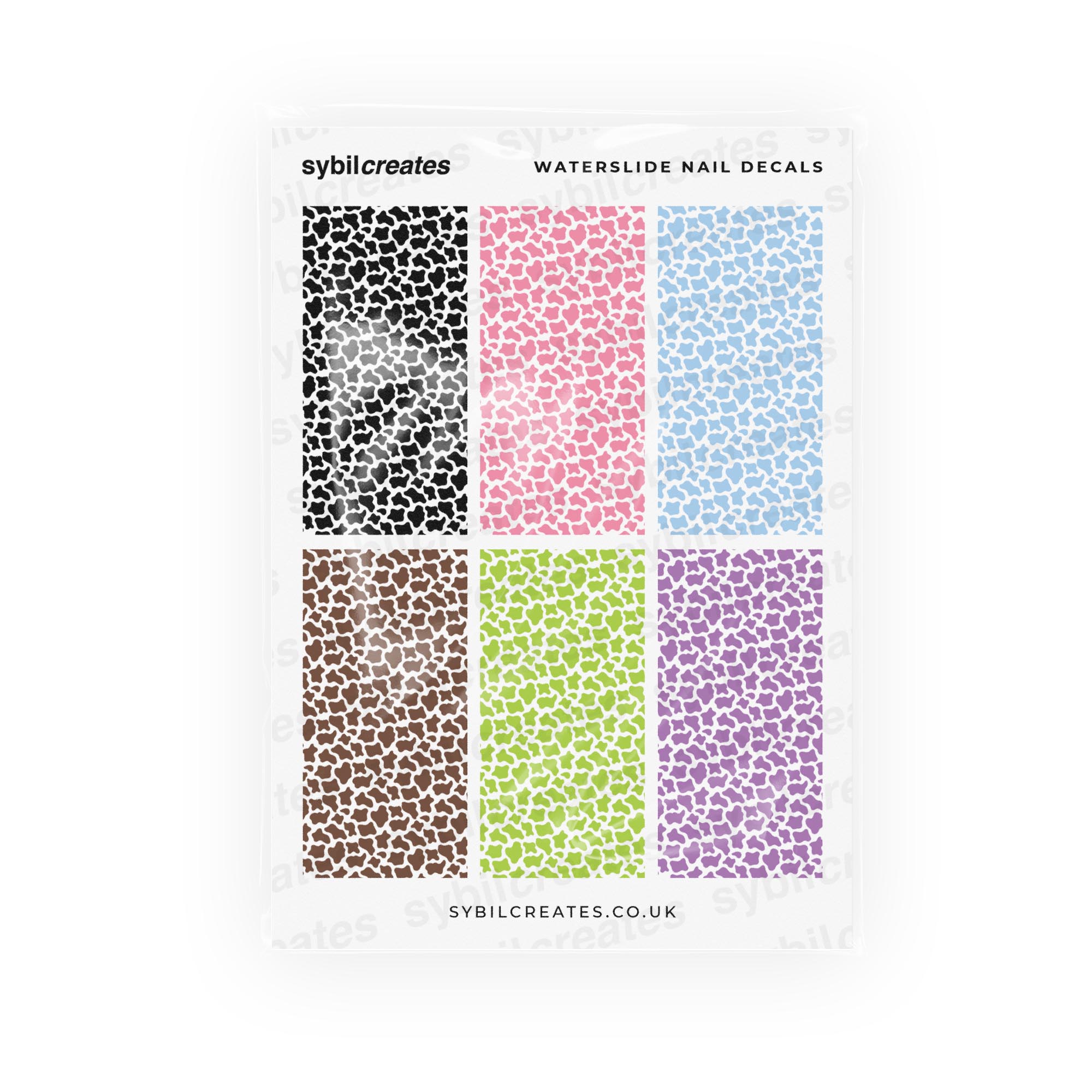 Assorted Cow Print Waterslide Nail Decals – Opaque White A6 Sheet