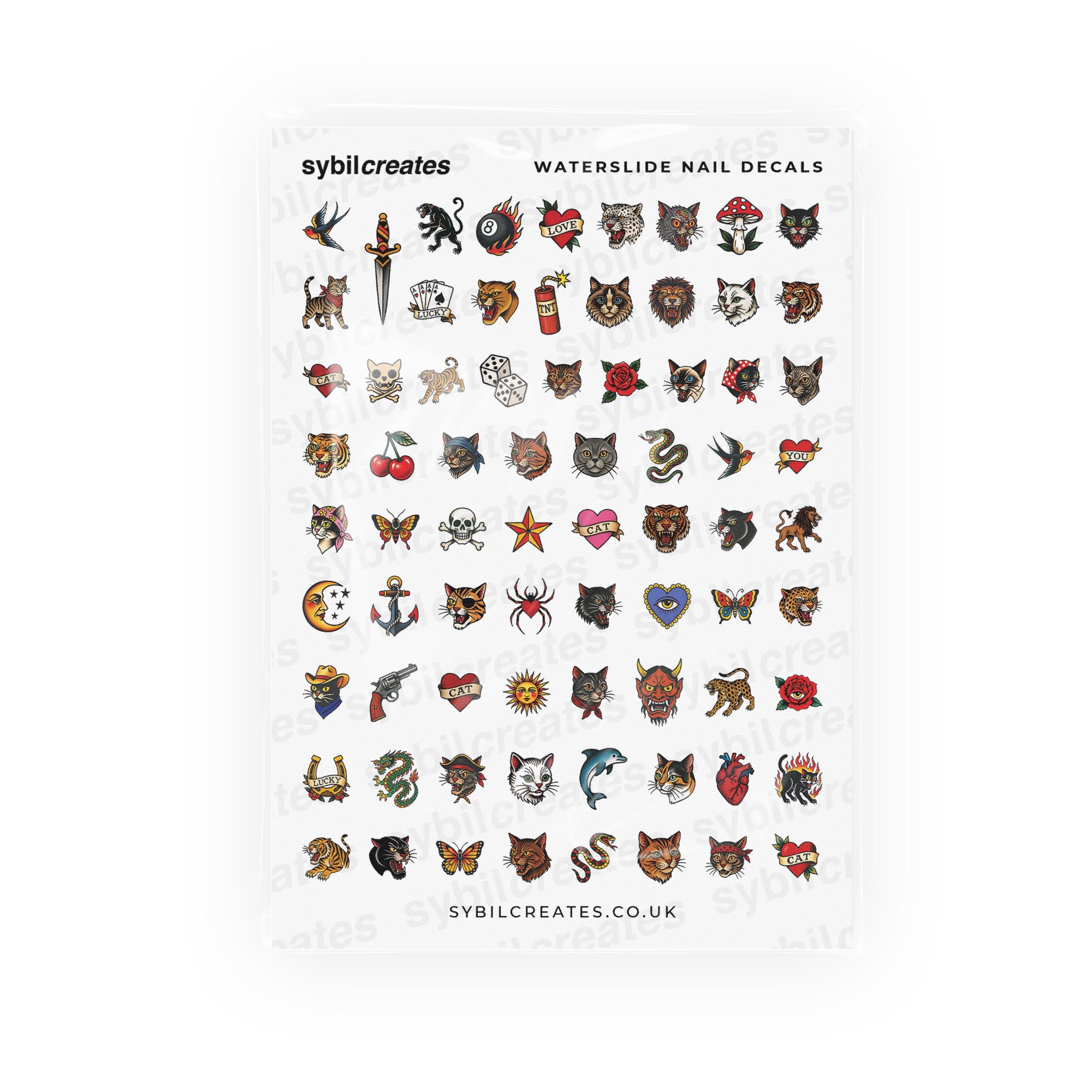 Cat Traditional Tattoos Waterslide Nail Decals – Clear Transparent A6 Sheet